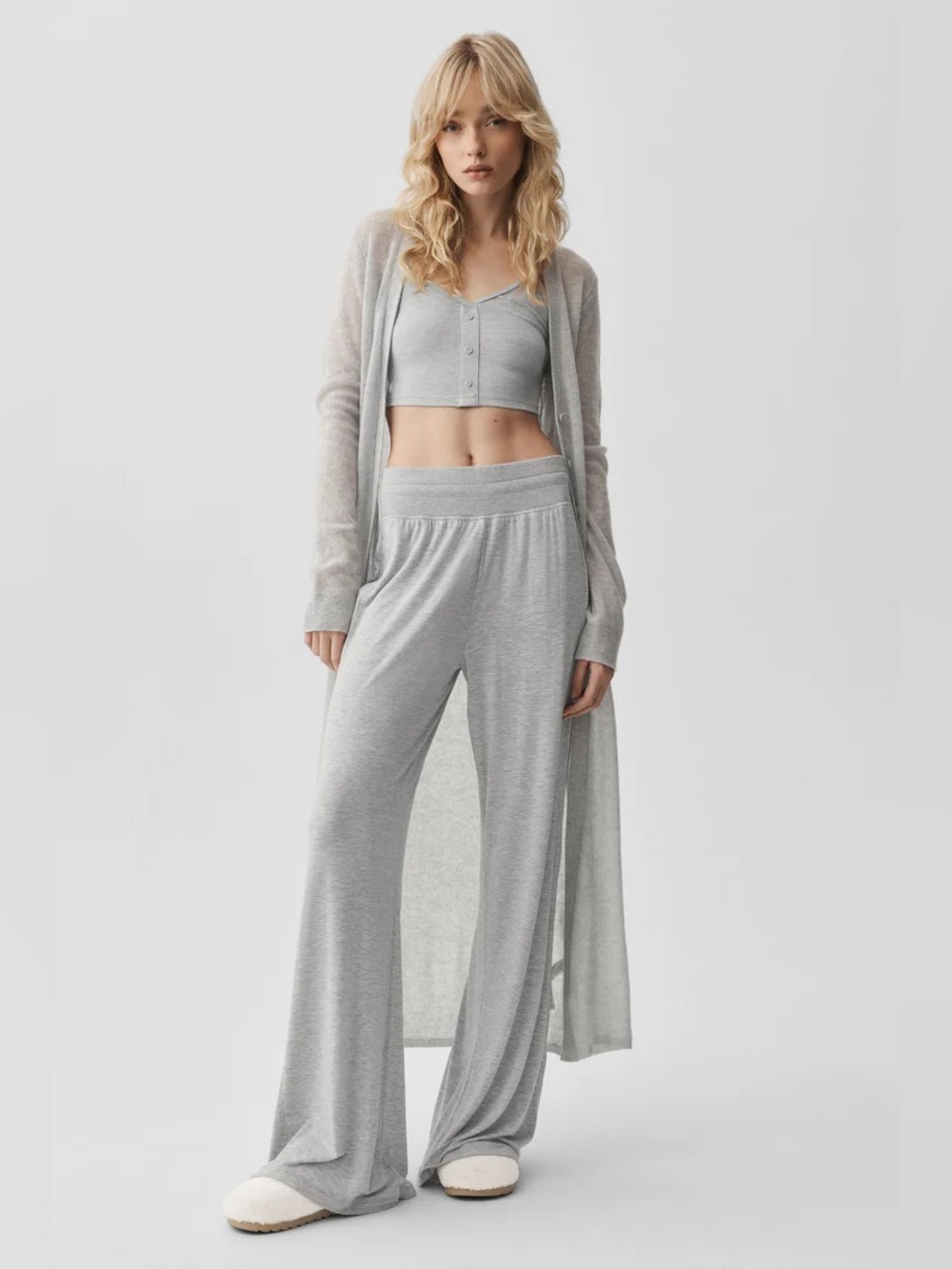 Alo Sheer Cashmere Long Knit Duster Cardigan in Heather Gray